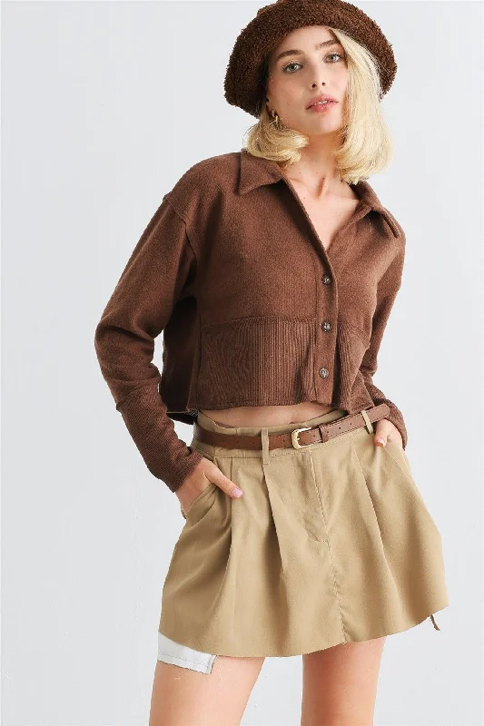 Brown Long Sleeve Button-Up Collared Neck Crop Top /2-2