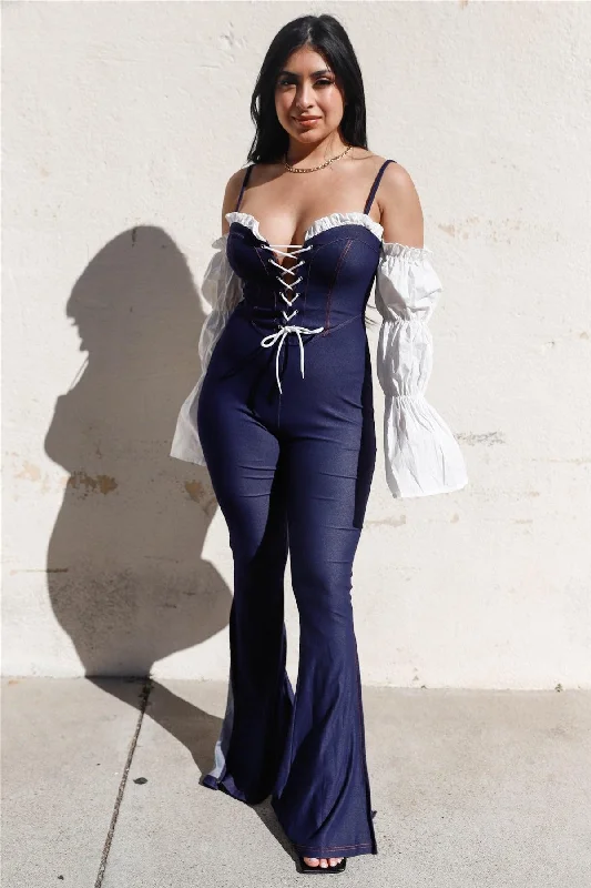 Dark Blue Denim Contrast Off-The-Shoulder Lace Down Front Virago Sleeve Flare Leg Jumpsuit /2-2-2