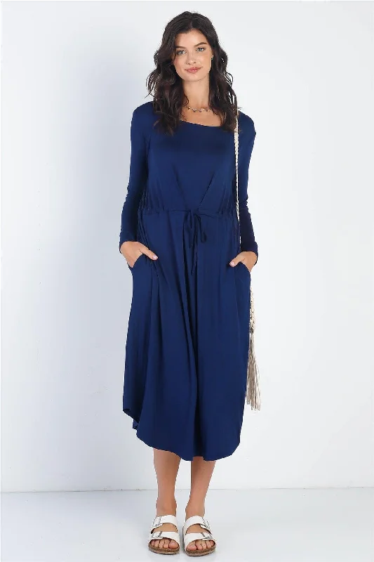 Navy Long Sleeve Basic Midi Maxi Dress /1-1-1