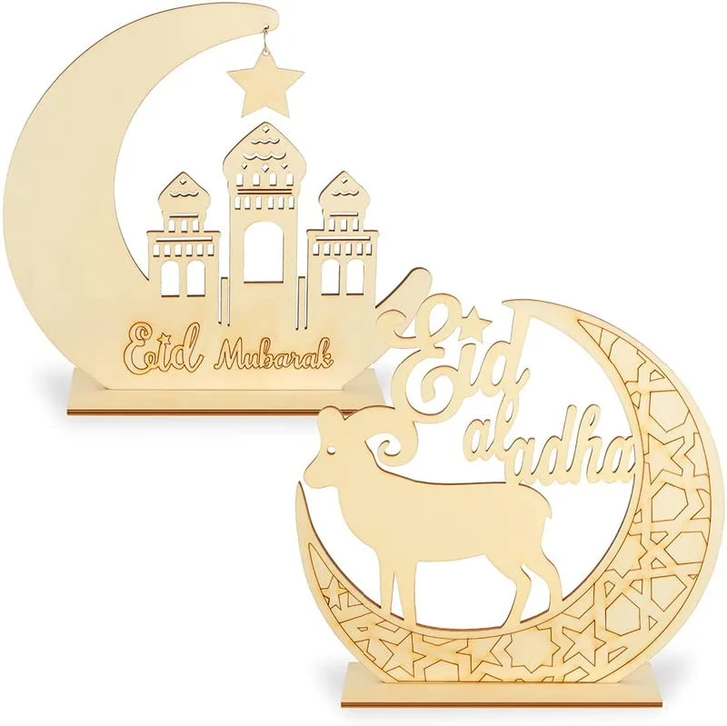 Cliths 2 Sets Eid Mubarak Wooden Plaque Ornament Moon Star Pendant for Ramadan Mubarak Eid Decorations (Fresh Style)