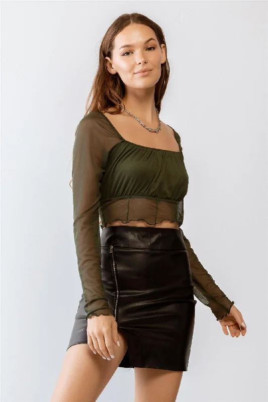 Olive Mesh Stitch Detail Long Sleeve Crop Top /3-2-1