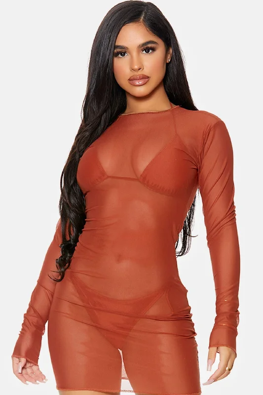 Rust Cover Me Long Sleeve Mesh Sheer Pool Swimwear Coverup Mini Dress