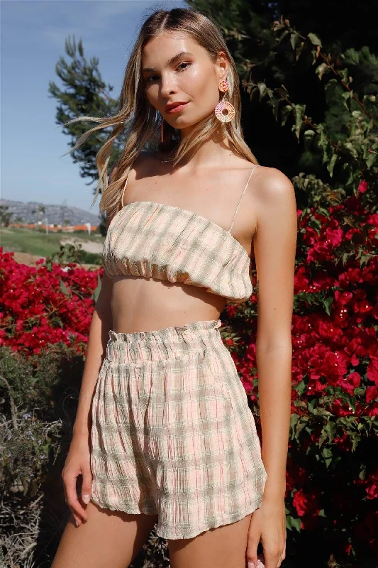 Peach & Green Plaid Print Crinkled Sleeveless Crop Top & High Waist Shorts Set /3-2-1