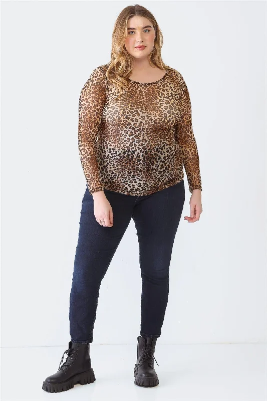 Junior Plus Taupe Leopard Print Mesh Sheer Crew Neck Long Sleeve Top /2-2