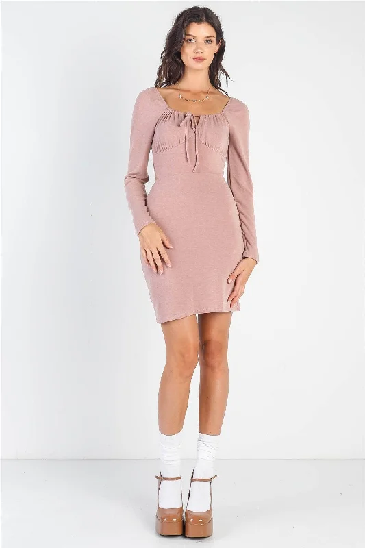 Dusty-Mauve Bust Self-Tie Cut-Out Long Sleeve Mini Dress /4-2-1