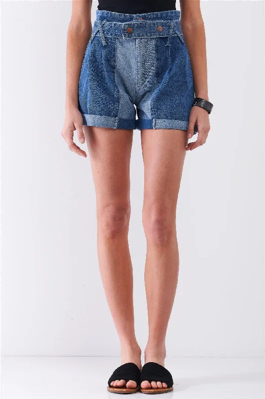 Mid-Blue Two Tone Wash High-Waisted Cuffed Denim Mom Shorts /1-1-2-2-1-1