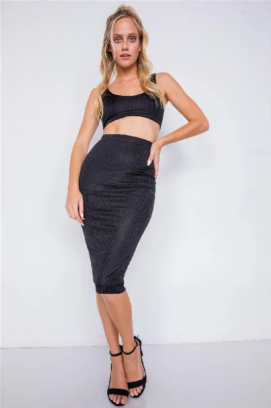 Black Ribbed Square Neck Crop Top & Mini Bodycon Skirt Set /3-2-1