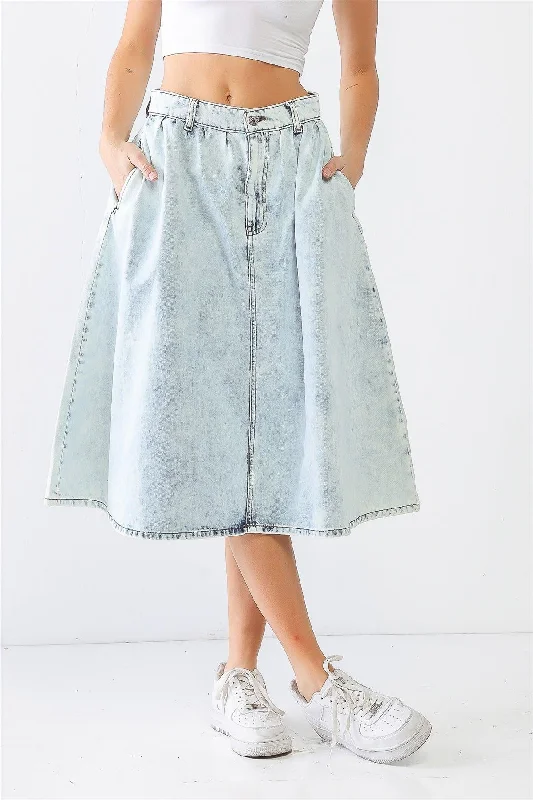 Acid Wash Denim Cotton Two Pocket Flare Hem Midi Skirt /3-2-1