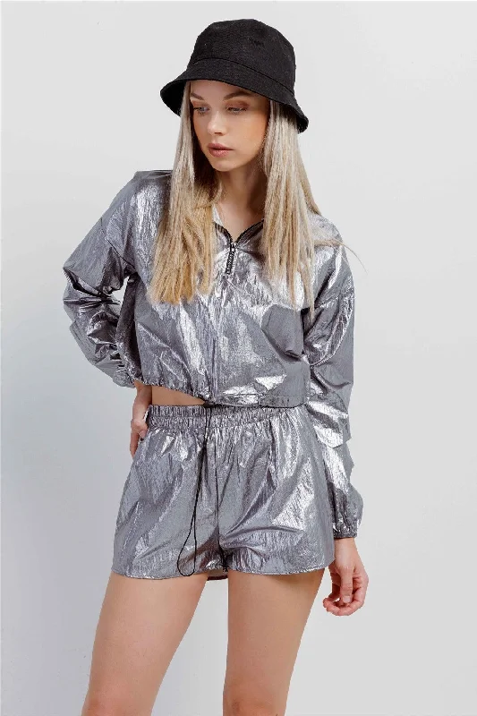 Silver Metallic Lightweight Drawstring Crop Top & Shorts Set /3-2-1