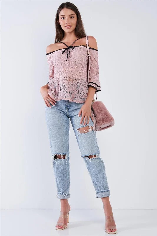 Dusty Pink Off The Shoulder Cropped Lace Midi Sleeve Peplum Top /2-2-2