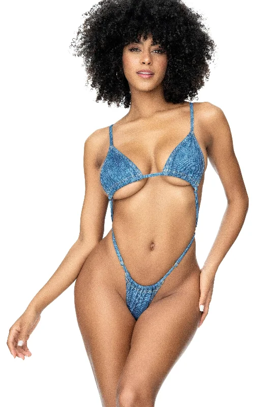 Denim Print Monokini with High Leg Cut Design