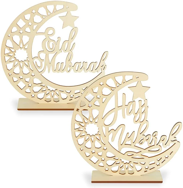 Cliths 2 Sets Eid Mubarak Wooden Ornament Ramadan Moon Star Pendant for Ramadan Mubarak Eid Decorations (Delicate Style)