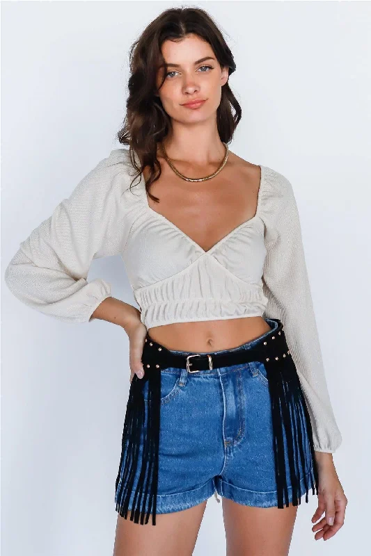 Denim Cotton High Rise Shorts & Faux Suede Fringe Studded Belt Set /3-2-1