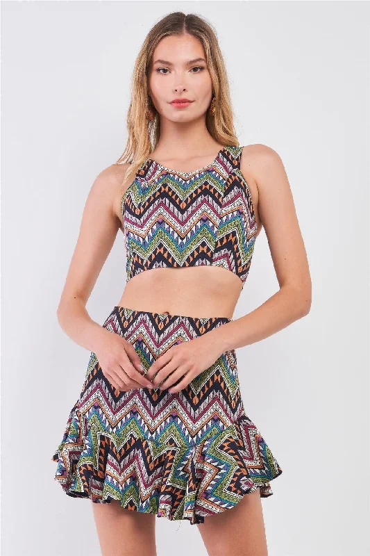 Multi Geometric Safari Print Sleeveless Round Neck Cropped Top & High-Waisted Ruffle  Hem Mini Skirt Two Piece Set /1-1-2-1