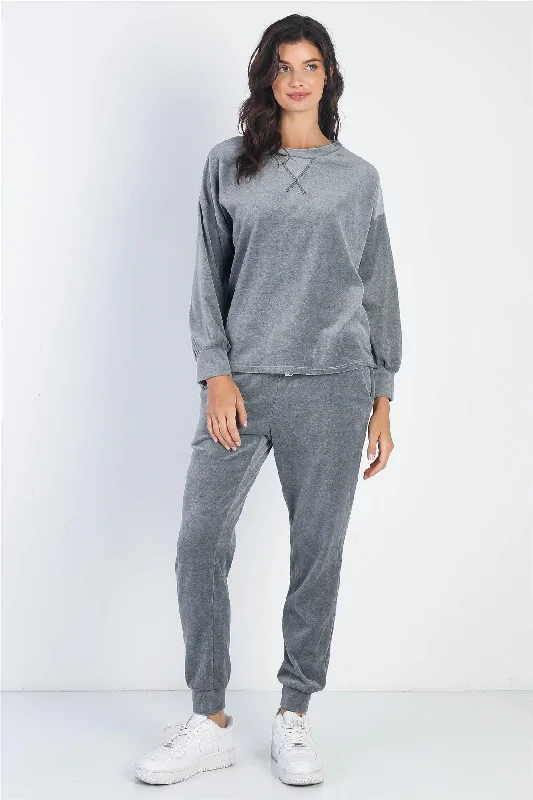 Charcoal Velour Cotton Long Sleeve Sweater & Pant Set