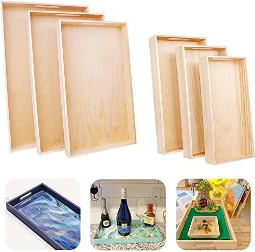 AmericanElm Set of 6 Pcs Wooden Serving Trays - Unfinished Reinforced Wooden (13 x 6.7 x 1.6 Inch) Decorative Trays with Handles, DIY Crafts Different Food Tray Set for Breakfast, Dinner, Tea ,Coffee Table.