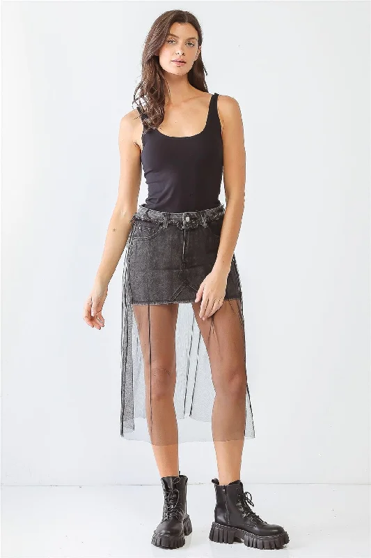 Black Denim Mesh Five Pocket Trim Hem Mini Skirt