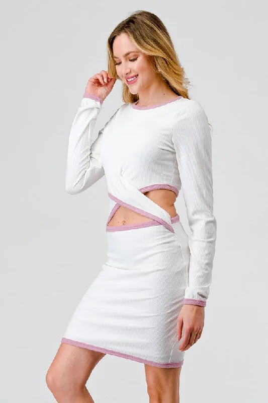 Ivory & Pink Ribbed Long Sleeve Cut-Out Criss-Cross Front Mini Dress /1-2-1-1