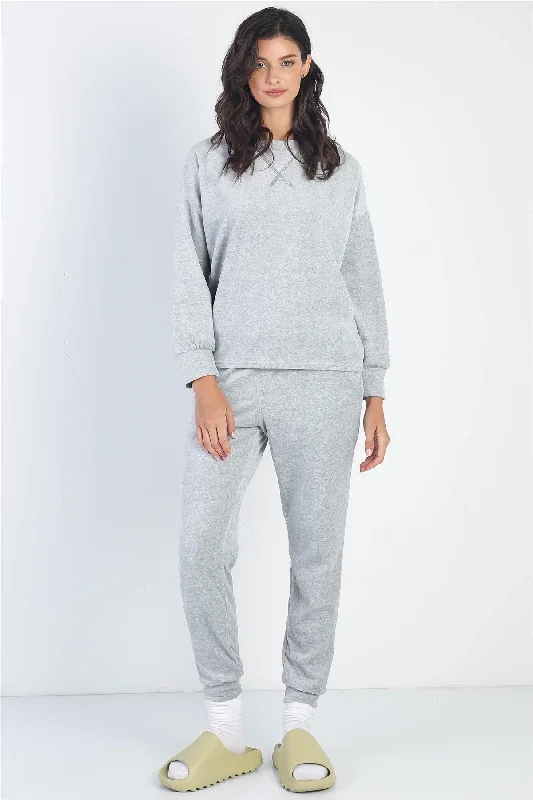 Grey Velour Cotton Long Sleeve Sweater & Pant Set