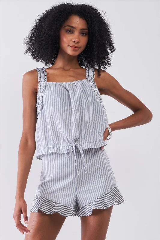 Light Blue & White Striped Sleeveless Ruffle Detail Crop Top & High Waist Ruffle Hem Mini Shorts Two-Piece Set /1-2-2-1