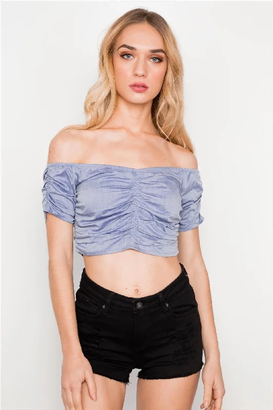 Denim Off The Shoulder Ribbed Crop Top /3-2-1