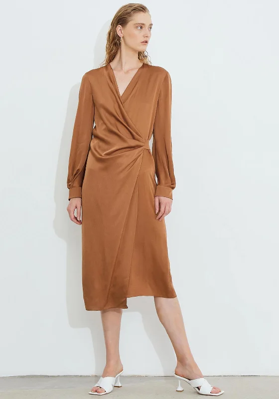 Birélin Satin Wrap Dress, Caramel