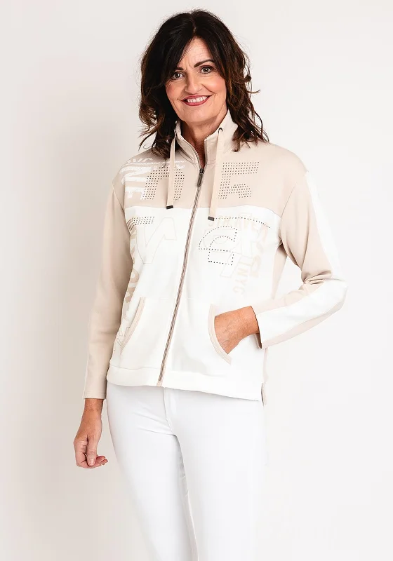 Barbara Lebek Print Rhinestone Full Zip Sweatshirt, Beige