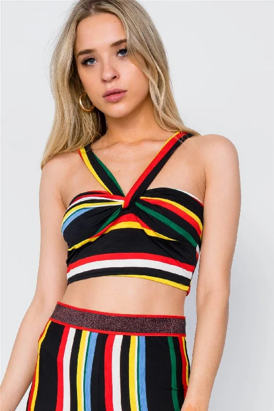 Black Multi Color Stripe Sexy Crop Top /2-2-2