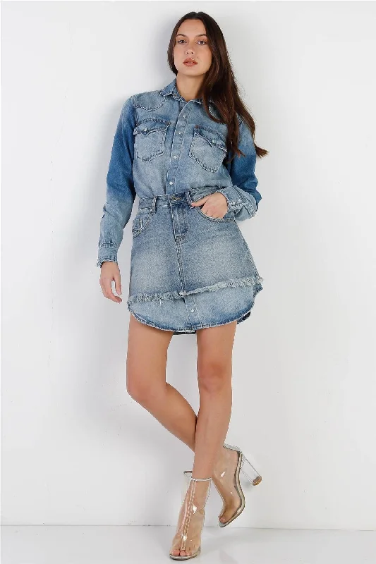 Light Denim Cotton Button Up Long Shirt & Mini Skirt Set /2-2-2