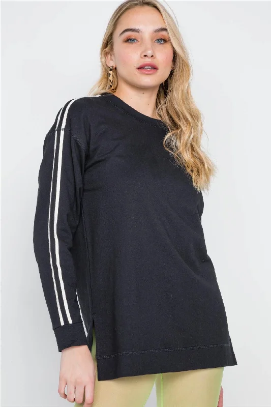 Two Side Strip Long Sleeve Side Slits Sweatshirt