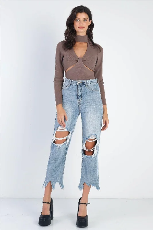 Mocha Ribbed Bow Cut-Out Detail Mock Neck Long Sleeve Bodysuit /3-2-1