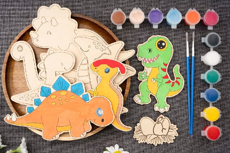 American Elm Set of 10 DIY Wooden Unfinished Dinosaur Painting Kit for Kids - Creative Dinosaur & Landscape Craft Set with Brushes & Colors - DIY Paint Set for Kids