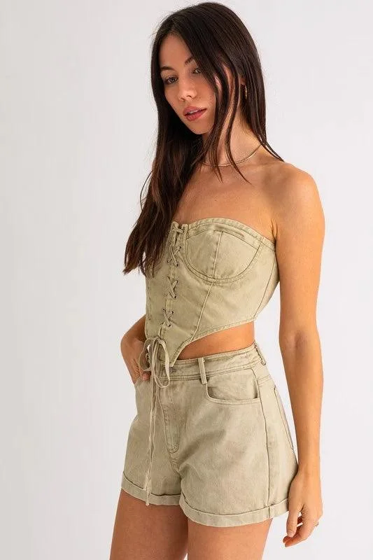 Sage Denim Cotton Strapless Lace-Up Corset Crop Top & High Waist Shorts Set /1-2-2-1