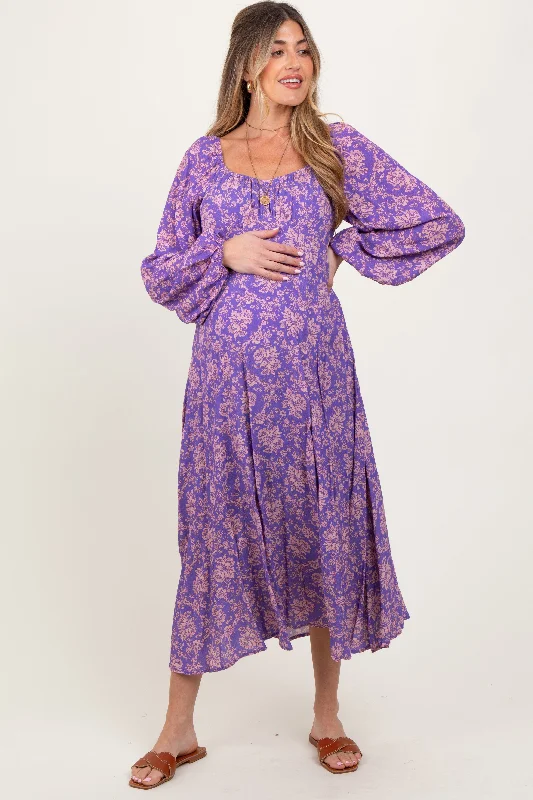 Purple Floral Long Sleeve Maternity Dress