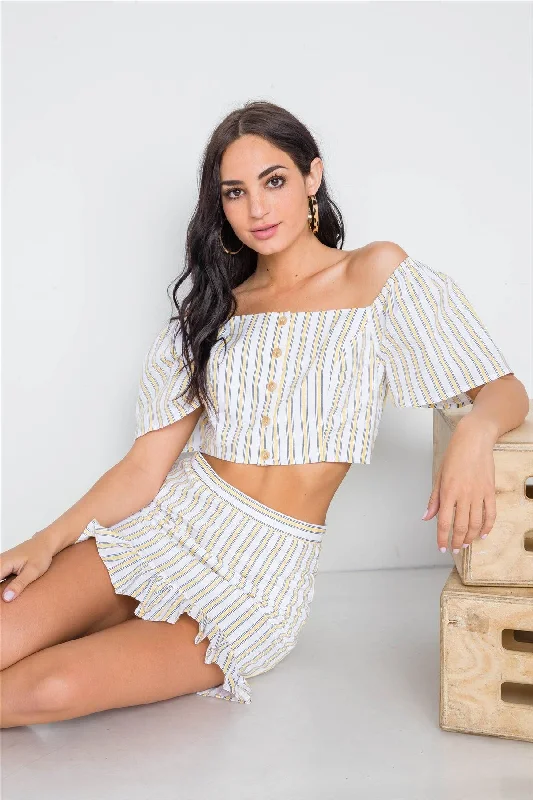 Yellow Navy Stripe Two Piece Crop Top Ruffle Skirt Set /3-2-1