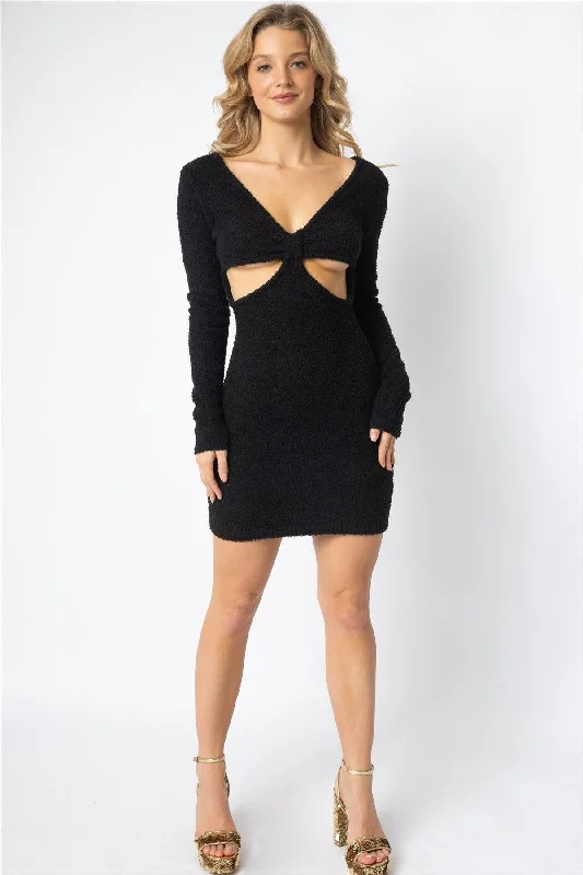 Black Fluffy Bow Cut-Out Long Sleeve Mini Dress