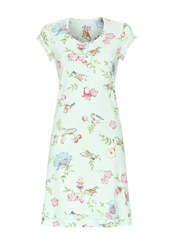 Ringella Floral & Bird Print Cap Sleeve Nightdress, Mint Green Multi