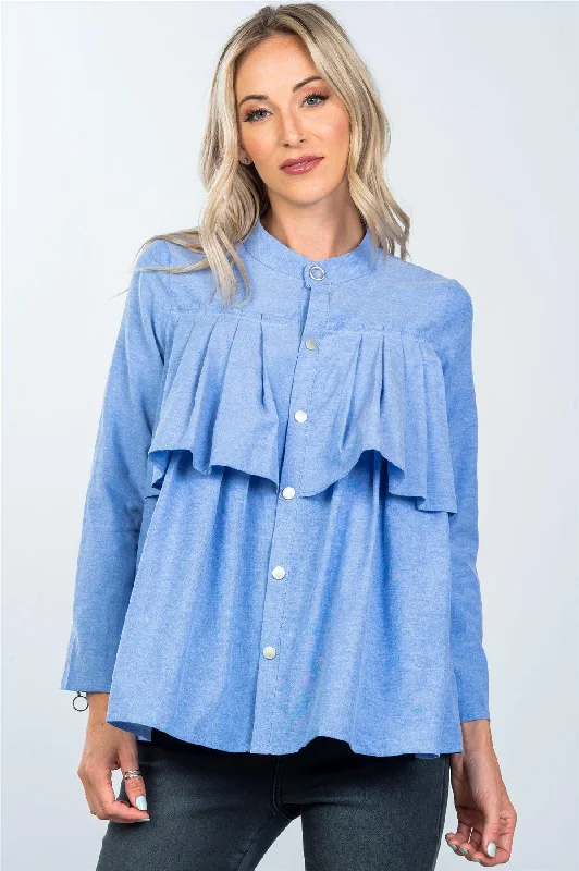 Denim Blue Layer Pleated Button Down Boho Top /2-2-2