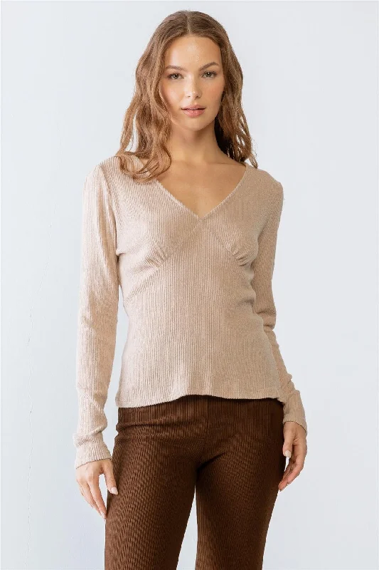 Sand Ribbed V-Neck Long Sleeve Soft To Touch Top S-M-L/2-2-2