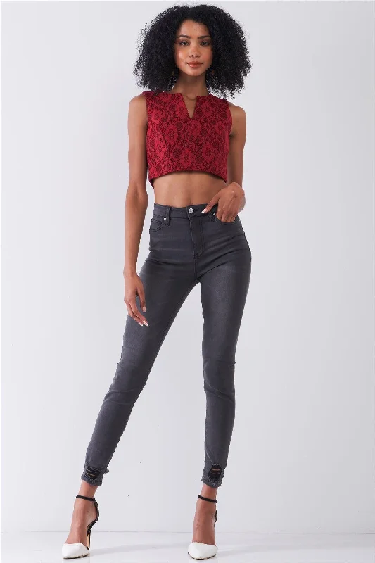 Burgundy Sleeveless Slit Neckline Cropped Length Lace Top /2-2-1