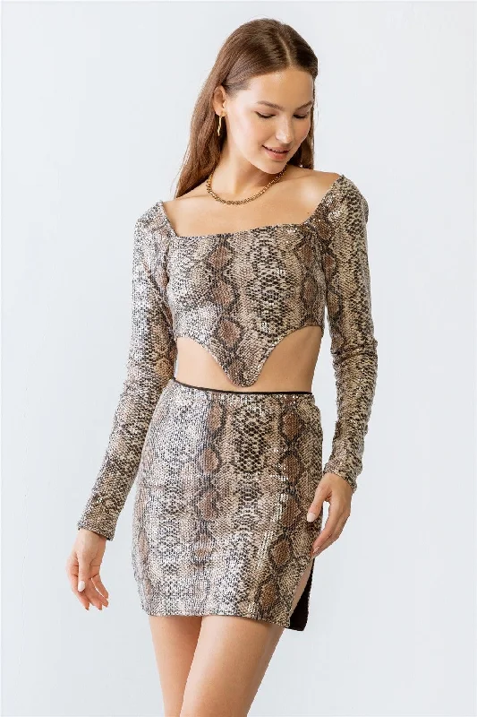 Brown Multi Snake Print Sequin Triangle Hem Crop Top & Mini Skirt Set /3-2-1