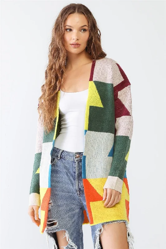 Multicolor Geo Print Ribbed Knit Long Sleeve Open Front Cardigan /2-2-2