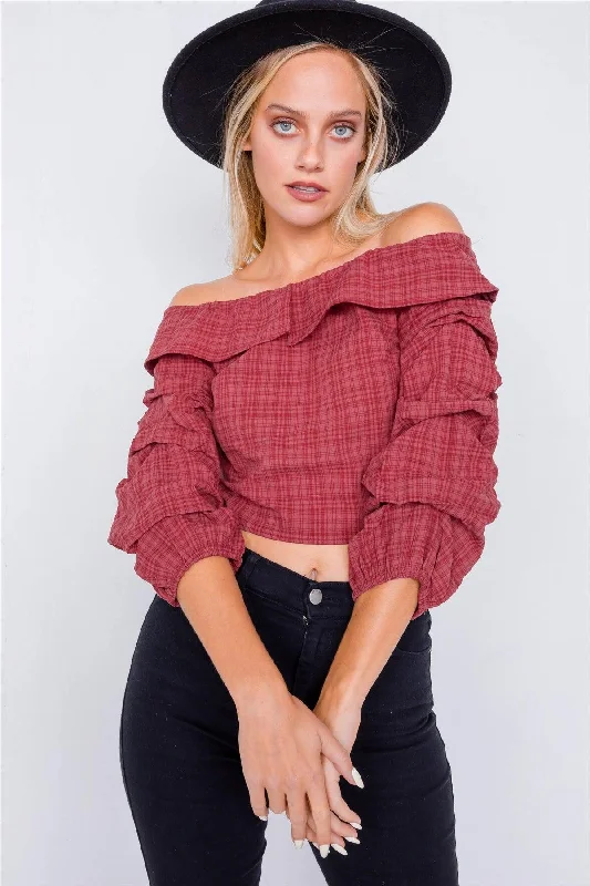 Raspberry Plaid Off-The Shoulder Retro Chic Crop Top /2-2-2