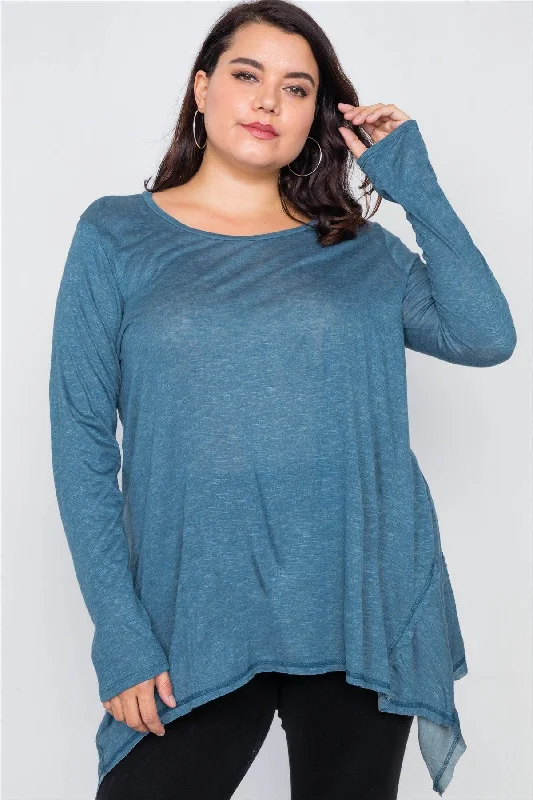 Junior Plus Size Solid Denim Blue Shark Bite Raw Hem Top  /2-2-3