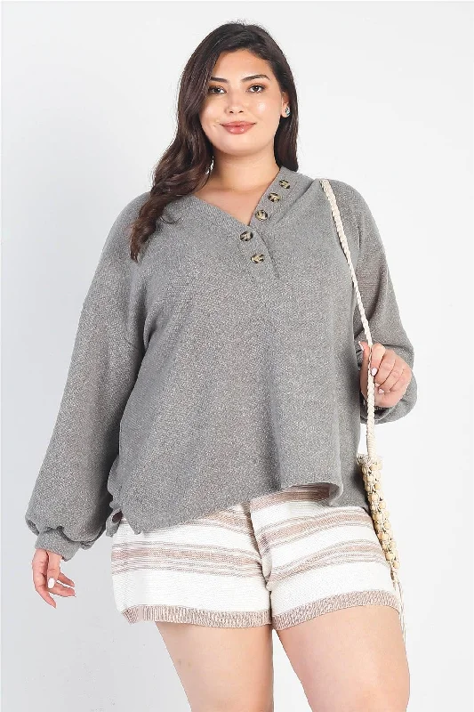 Plus Size Textured Button Long Sleeve Top /3-2-1