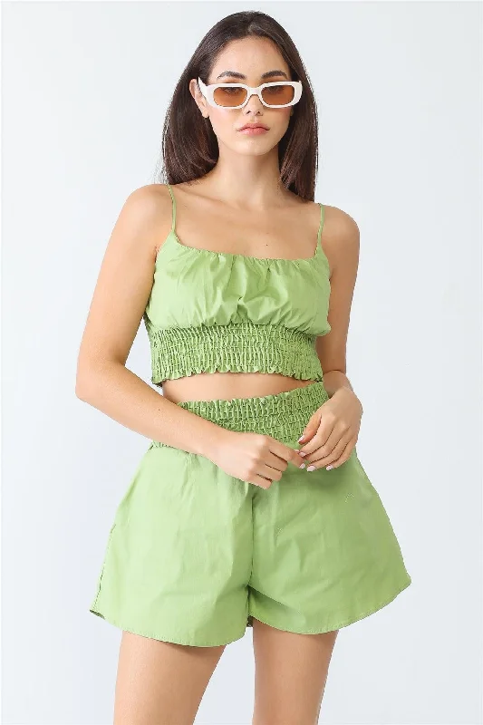 Lime Cotton Smocked Sleeveless Strappy Crop Top & High Waist Two Pocket Shorts Set /3-2-1