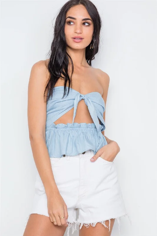 Denim Blue Front Tie Shirred Hem Strapless Top /3-2-1