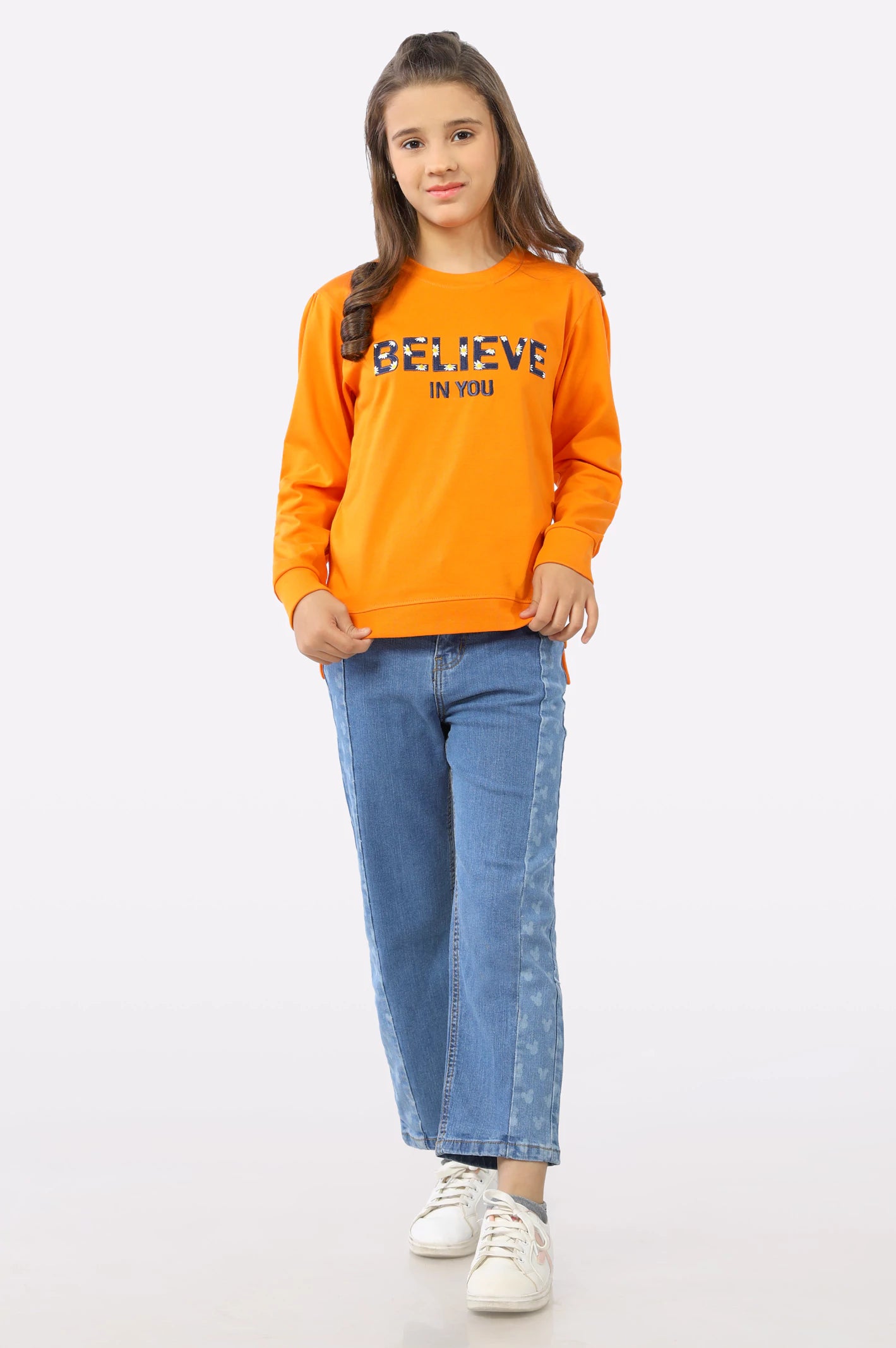 Orange Embroidered Girls Sweatshirt