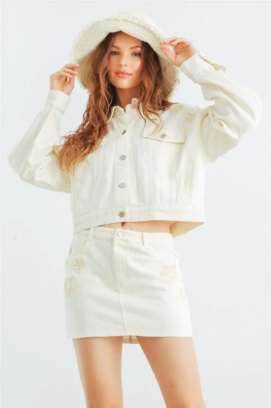 Cream Denim Cotton Collared Neck Button-Up Jacket & High Waist Mini Skirt Set /1-2-2-1