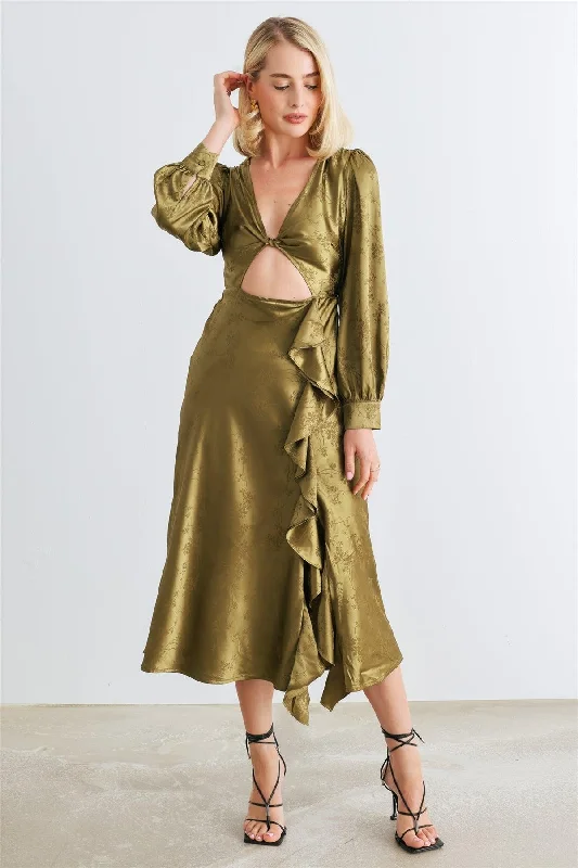 Olive Floral Satin Twist Cut-Out Long Sleeve Ruffle Midi Dress /1-2-2-1